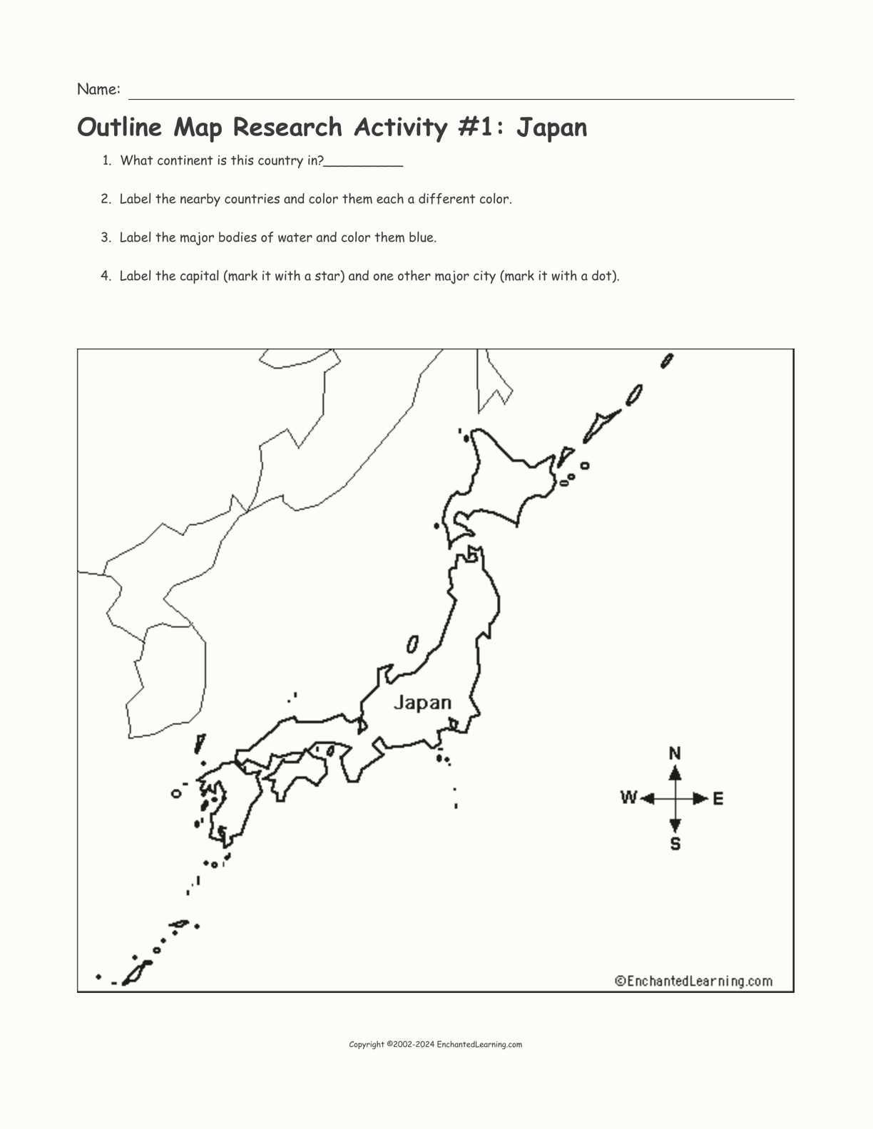 Outline Map Research Activity #1: Japan interactive printout page 1