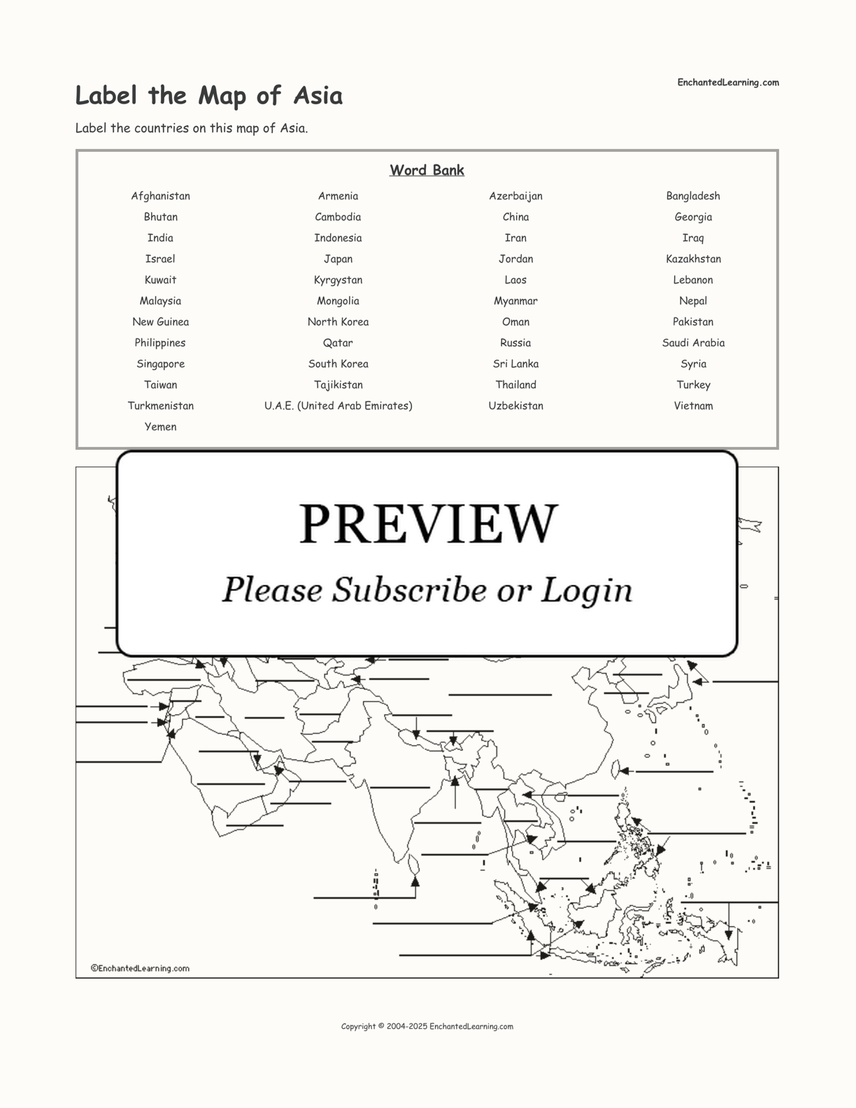 Label the Map of Asia interactive worksheet page 1