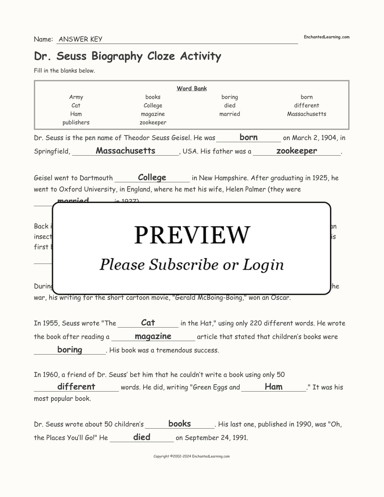Dr. Seuss Biography Cloze Activity interactive worksheet page 2