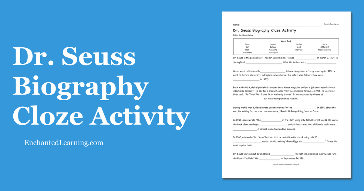 Dr. Seuss Biography Cloze Activity Enchanted Learning