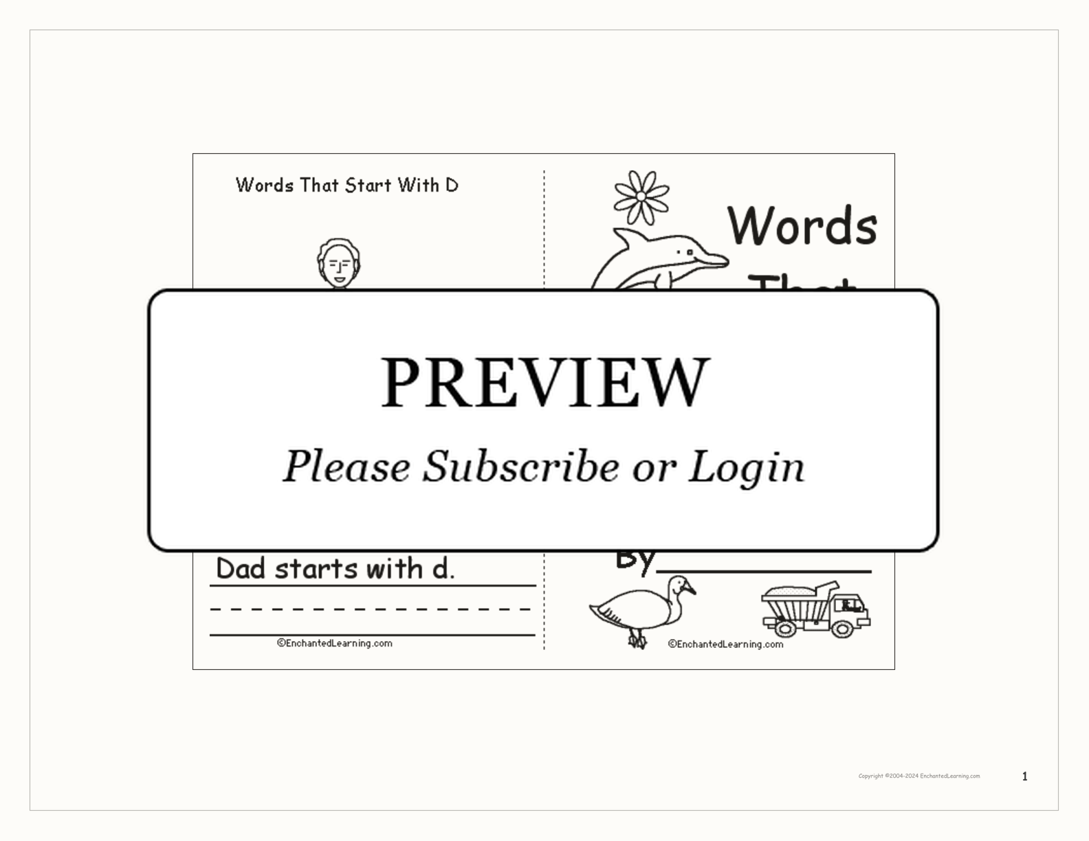 Words That Start With D Book interactive printout page 1