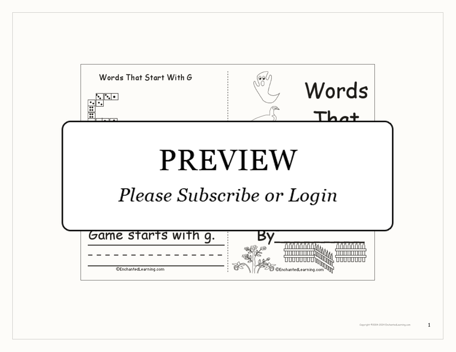 Words That Start With G: A Printable Book interactive printout page 1