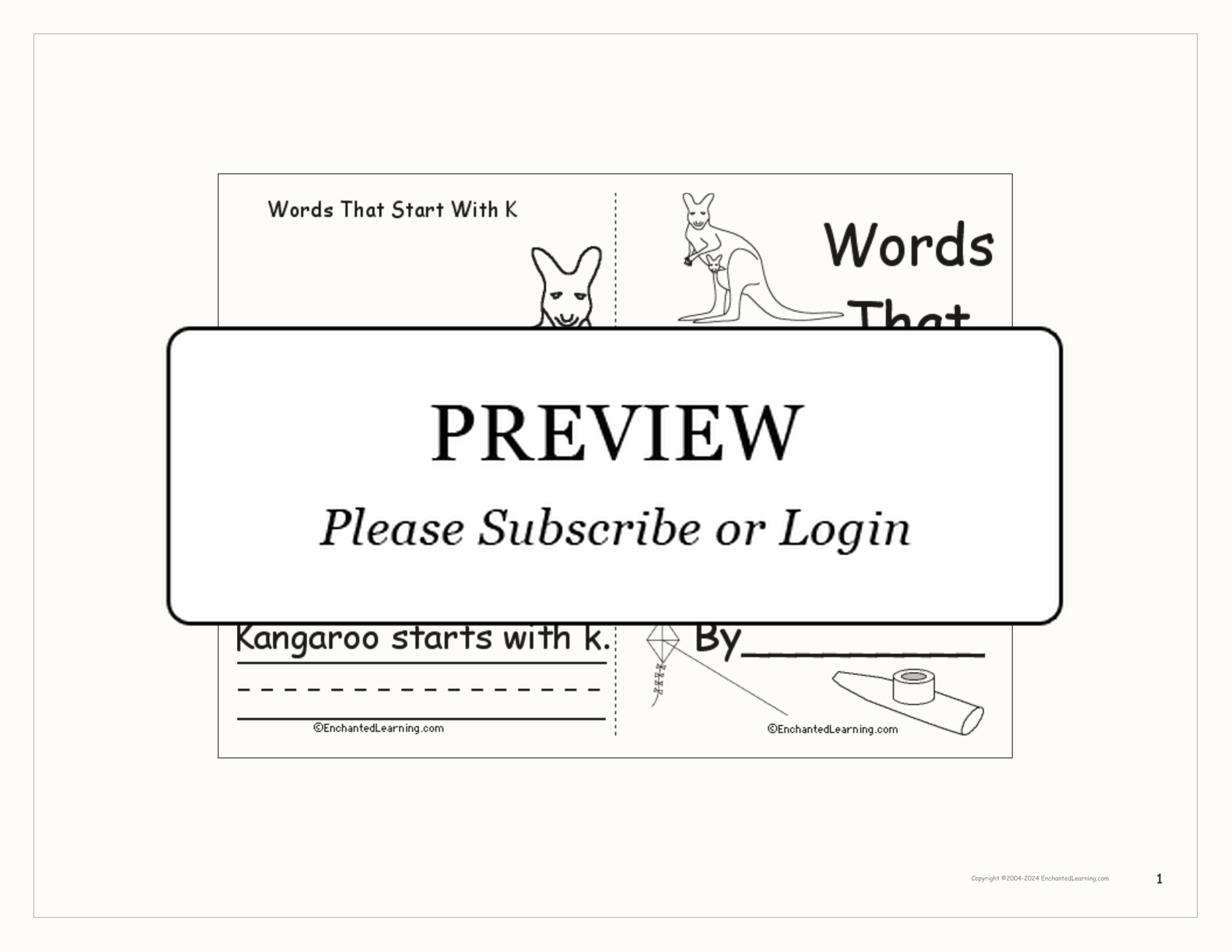 Words That Start With K: A Printable Book interactive printout page 1