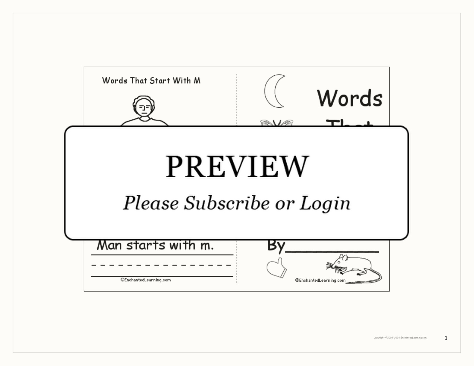 Words That Start With M: A Printable Book interactive printout page 1