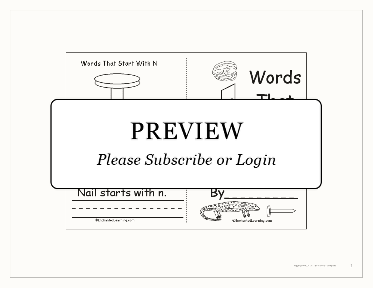 Words That Start With N: A Printable Book interactive printout page 1