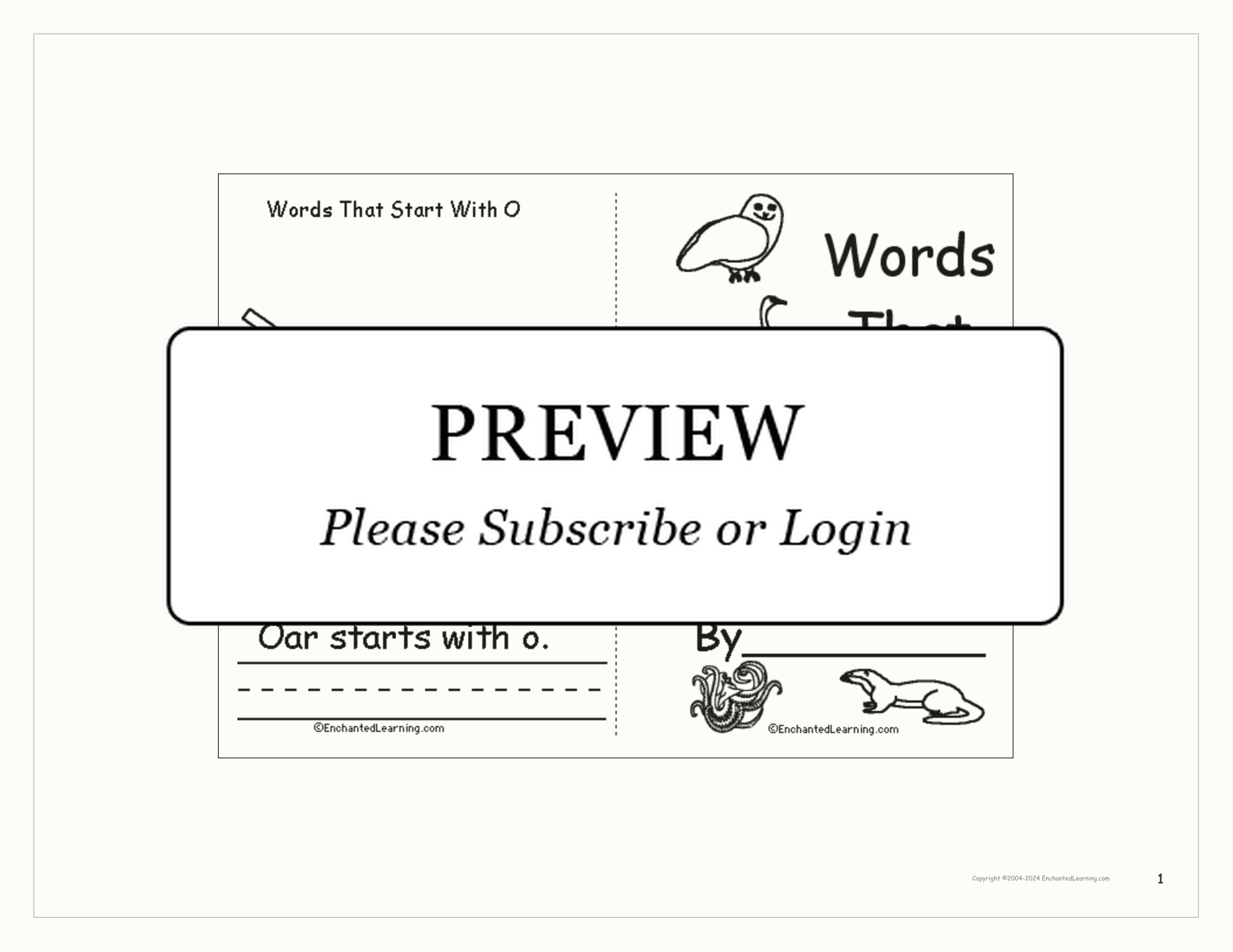 Words That Start With O: A Printable Book interactive printout page 1