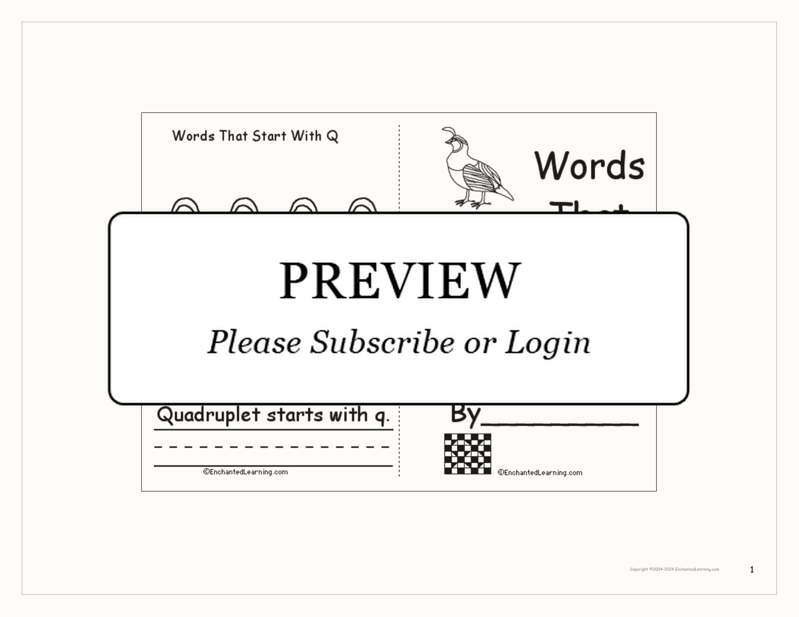 Words That Start With Q: A Printable Book interactive printout page 1