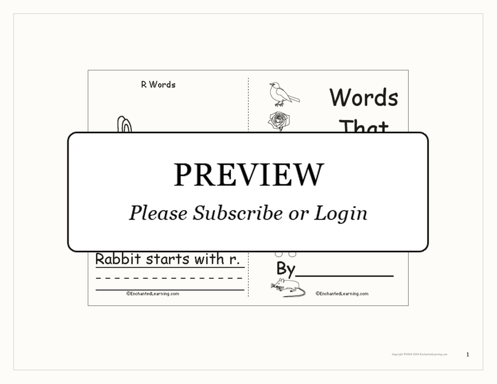 Words That Start With R: A Printable Book interactive printout page 1