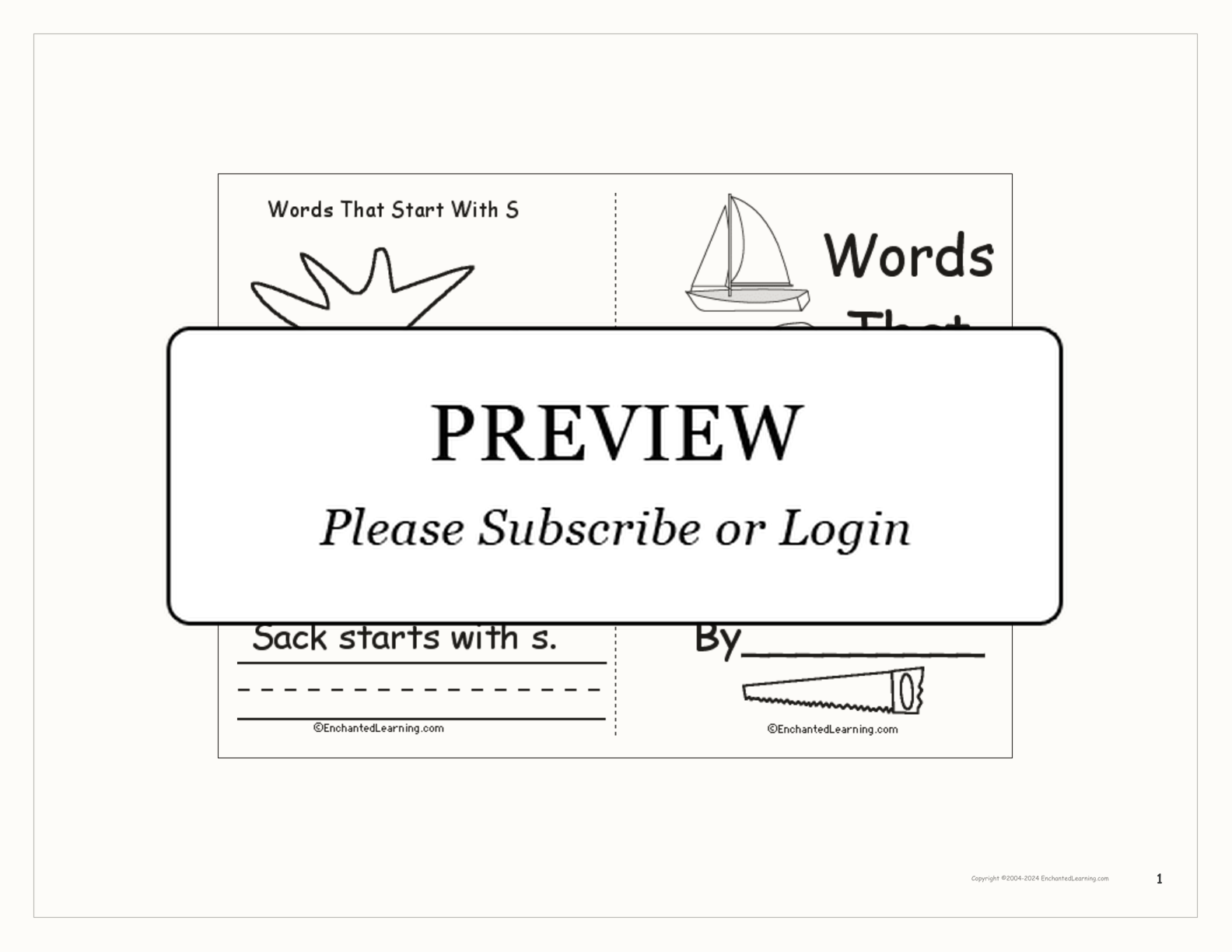 Words That Start With S: A Printable Book interactive printout page 1