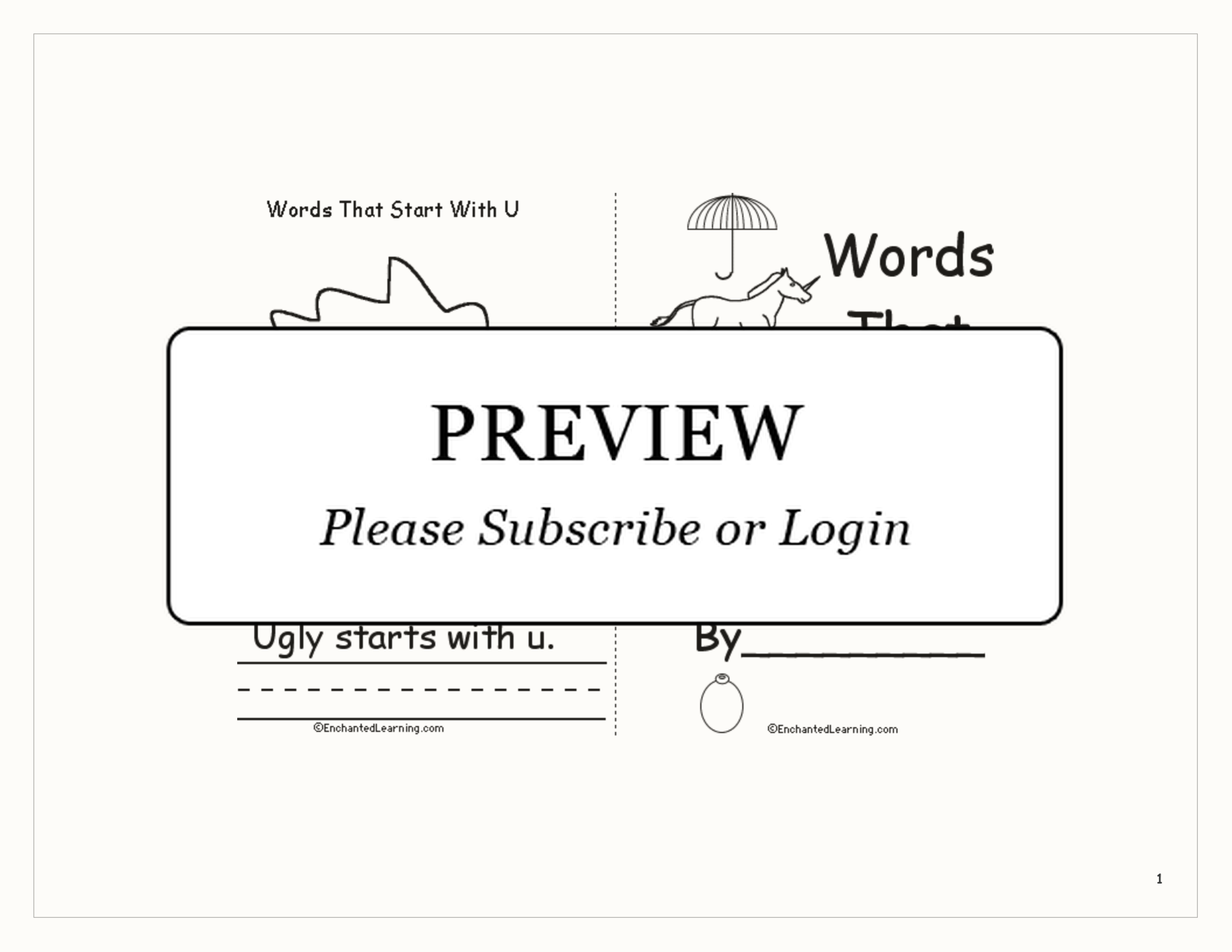 Words That Start With U: A Printable Book interactive printout page 1