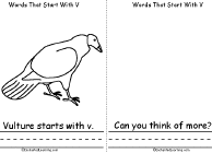 Search result: 'Words That Start With V Book, A Printable Book: Vulture, Can you think of more?'