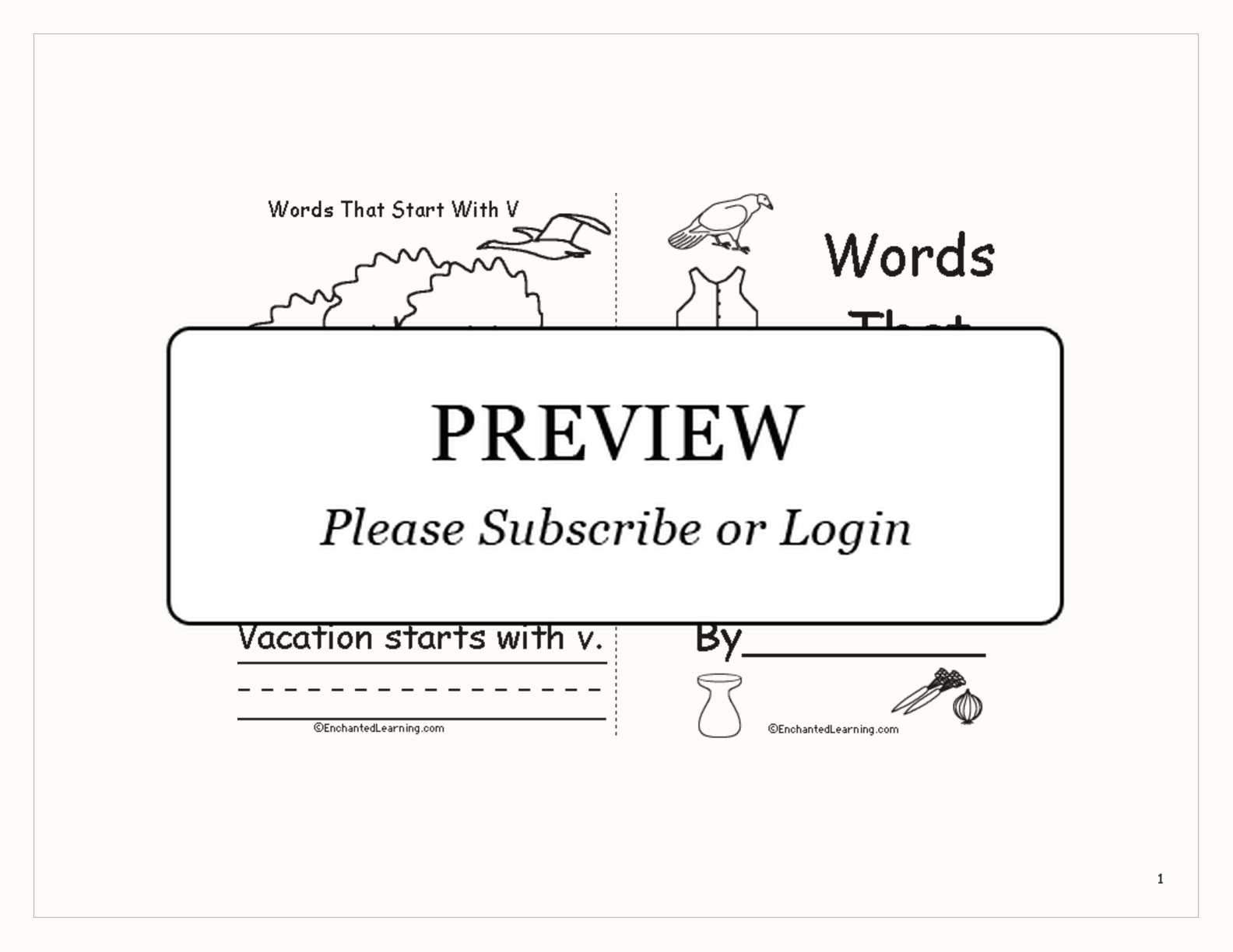 Words That Start With V: A Printable Book interactive printout page 1