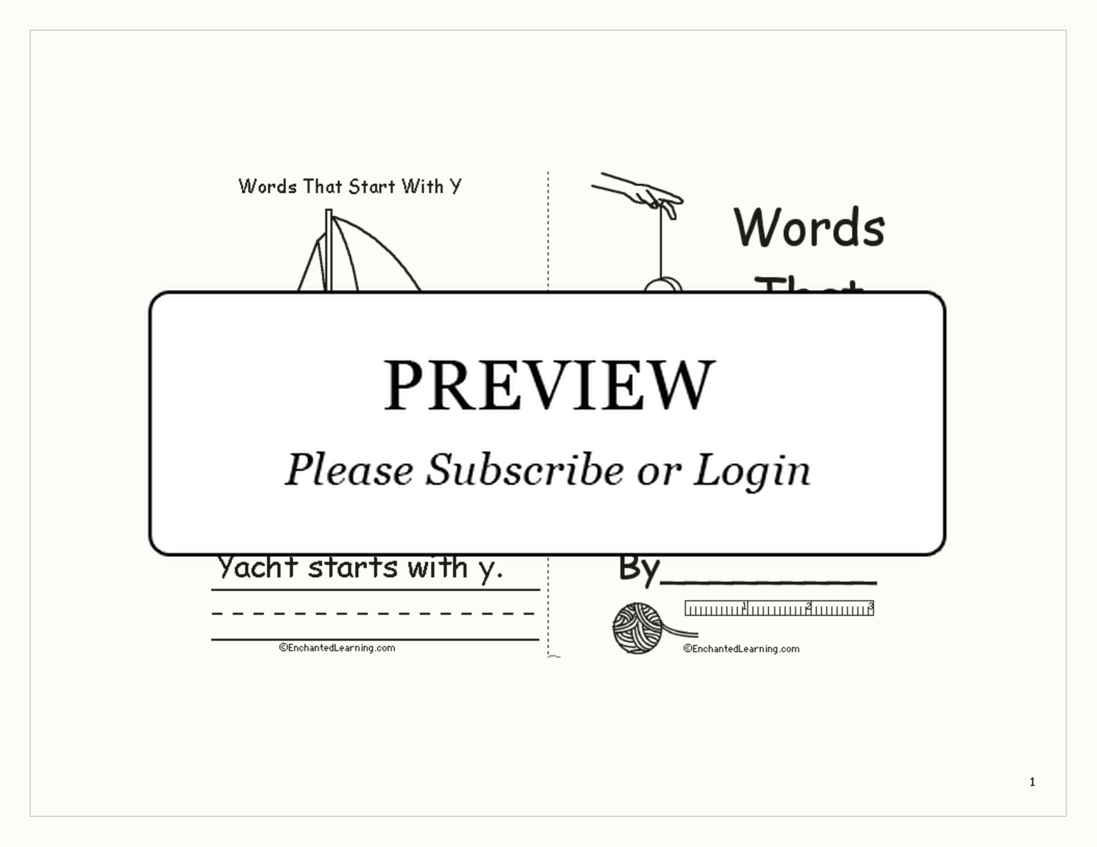 Words That Start With Y: A Printable Book interactive printout page 1