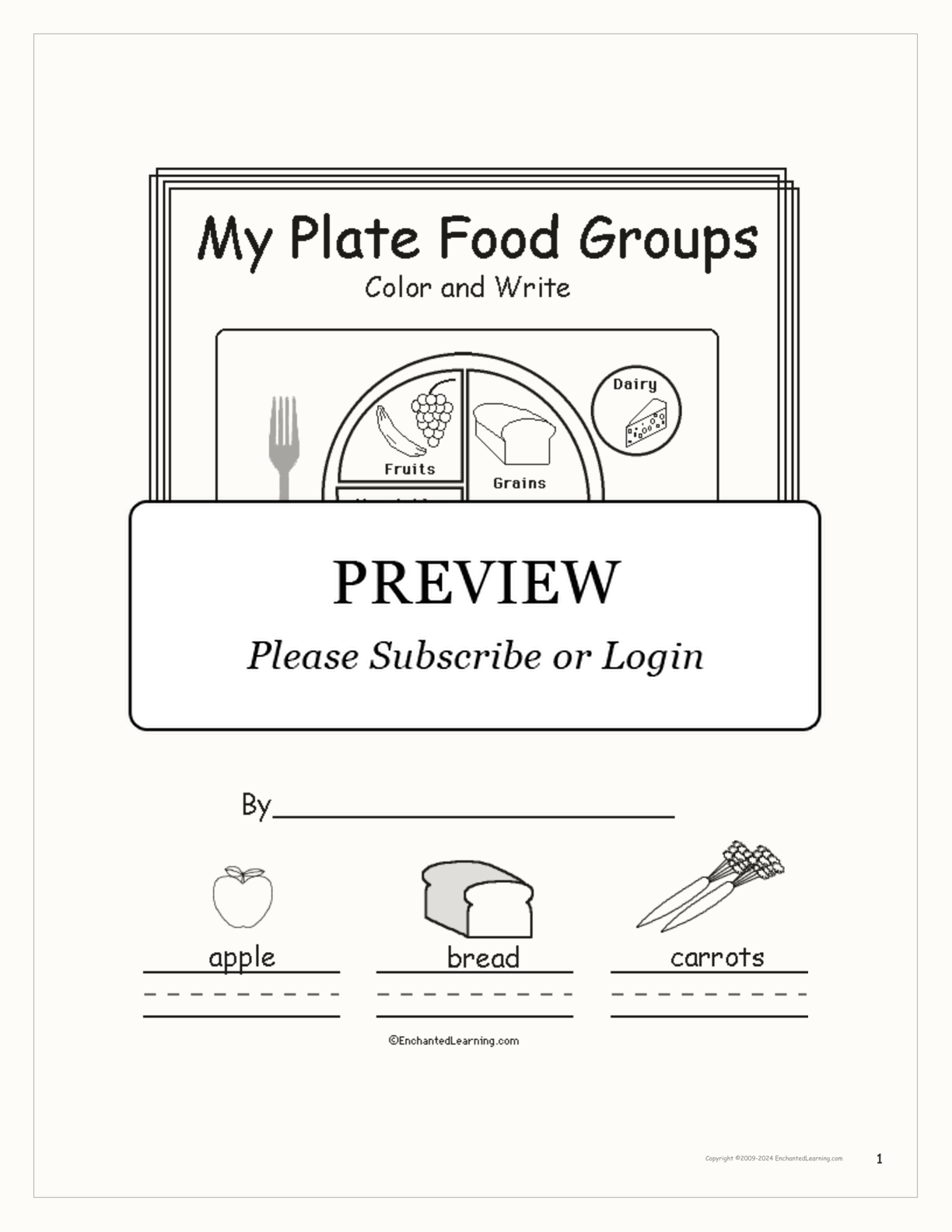 My Plate Food Groups (Color and Write Book) interactive printout page 1