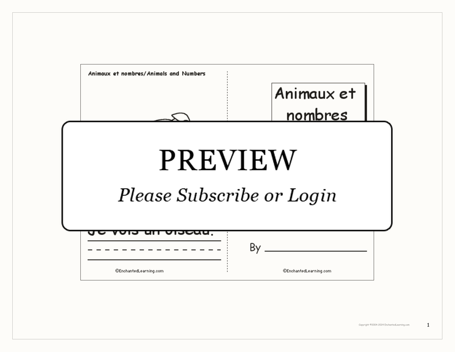 Animaux et Nombres Printable Book interactive printout page 1