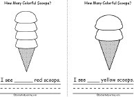 Search result: 'How Many Colorful Scoops? Book, A Printable Book: 4 Red Scoops, 2 Yellow Scoops'