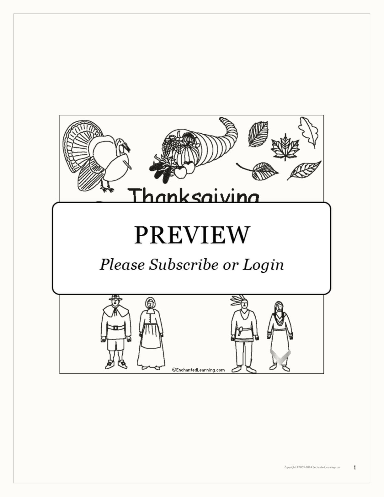 'Thanksgiving is for...' Book for Early Readers interactive printout page 1