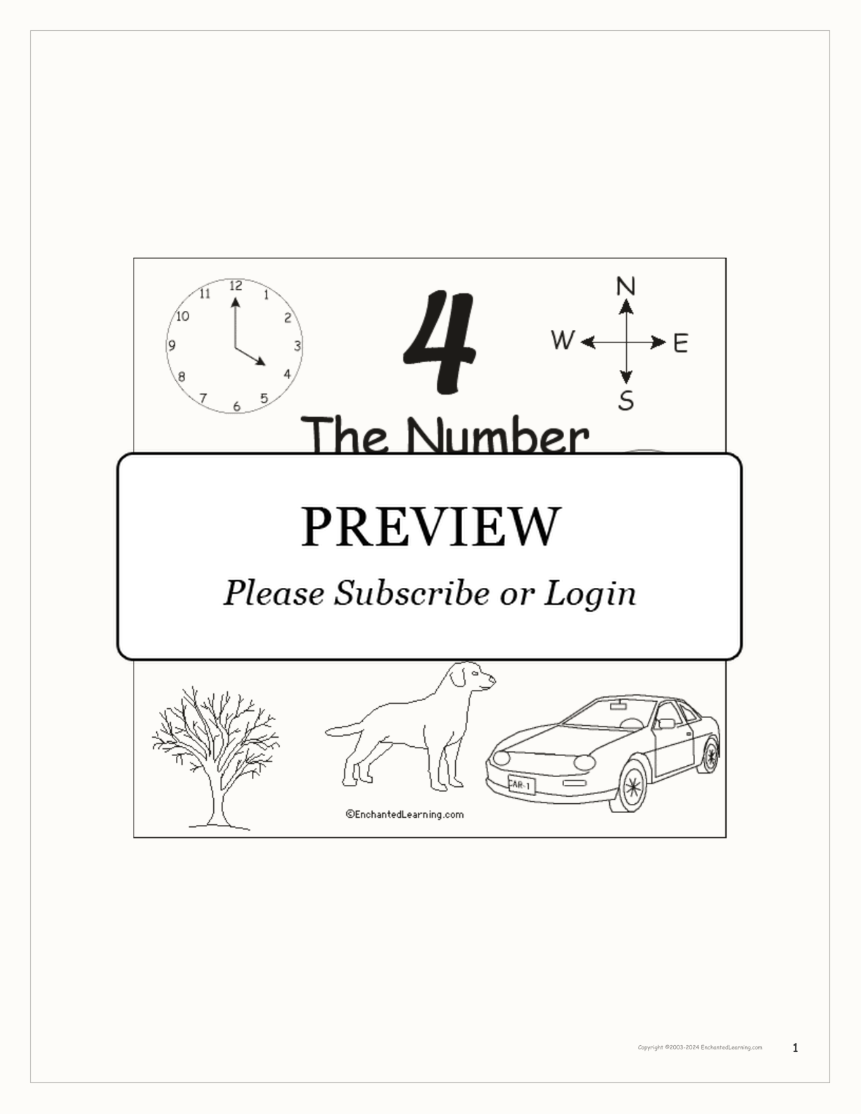 The Number Four Book, for Early Readers interactive printout page 1