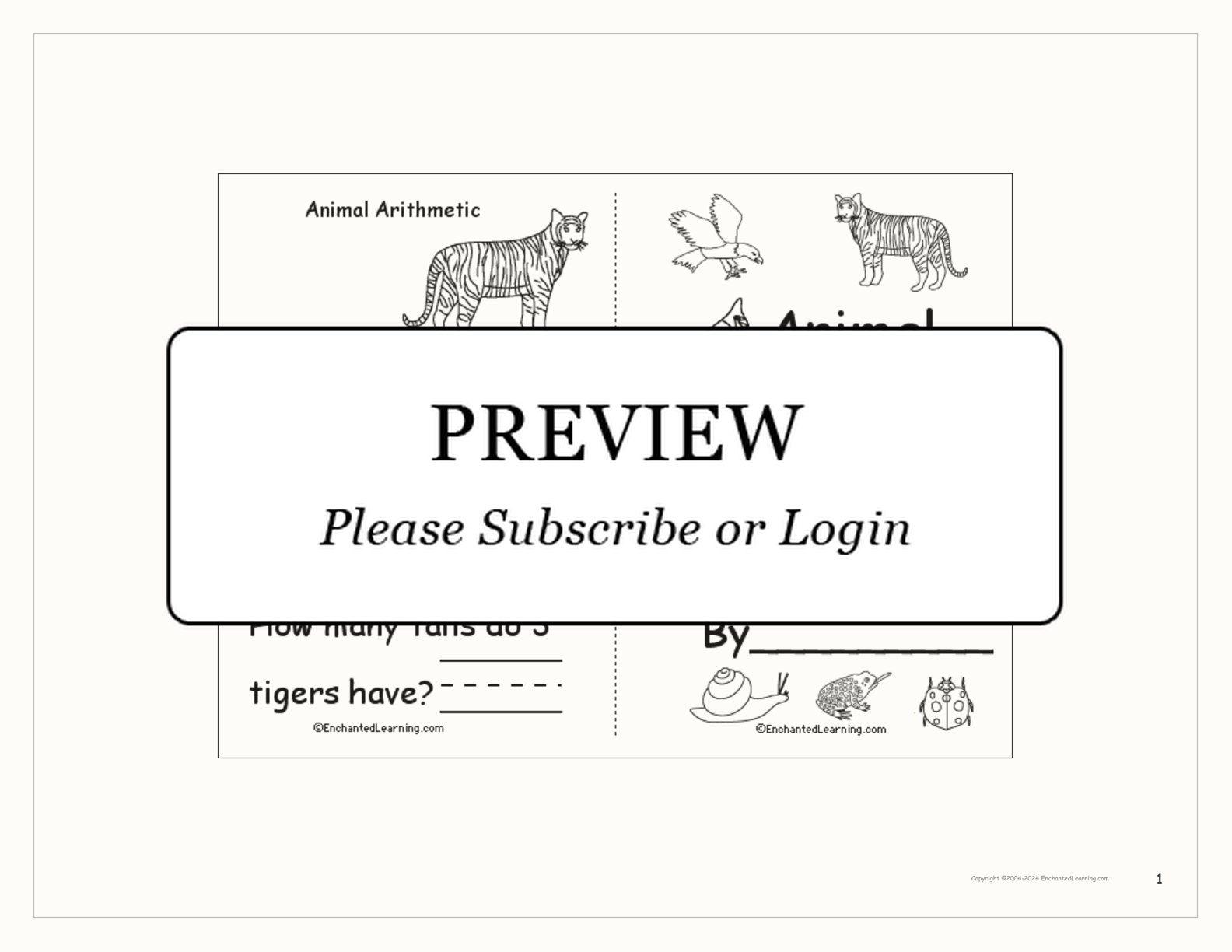 Animal Arithmetic Book (with pictures) interactive printout page 1