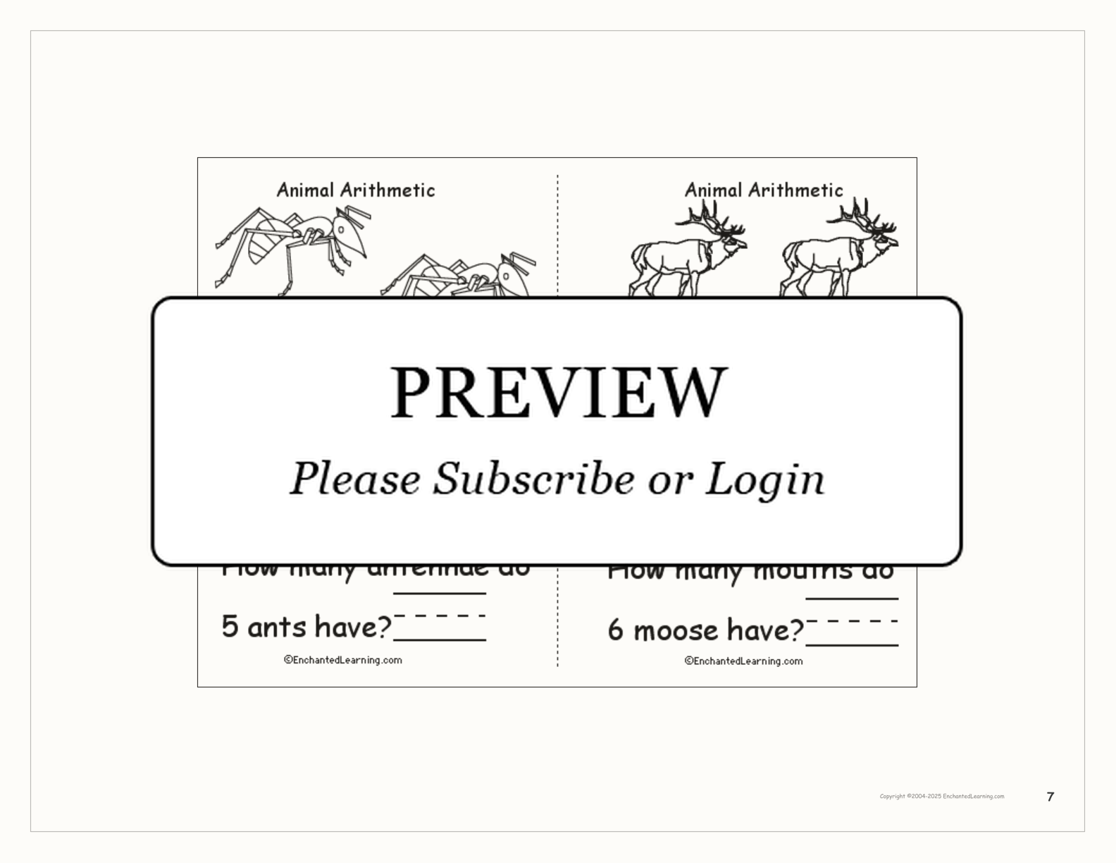 Animal Arithmetic Book (with pictures) interactive printout page 7