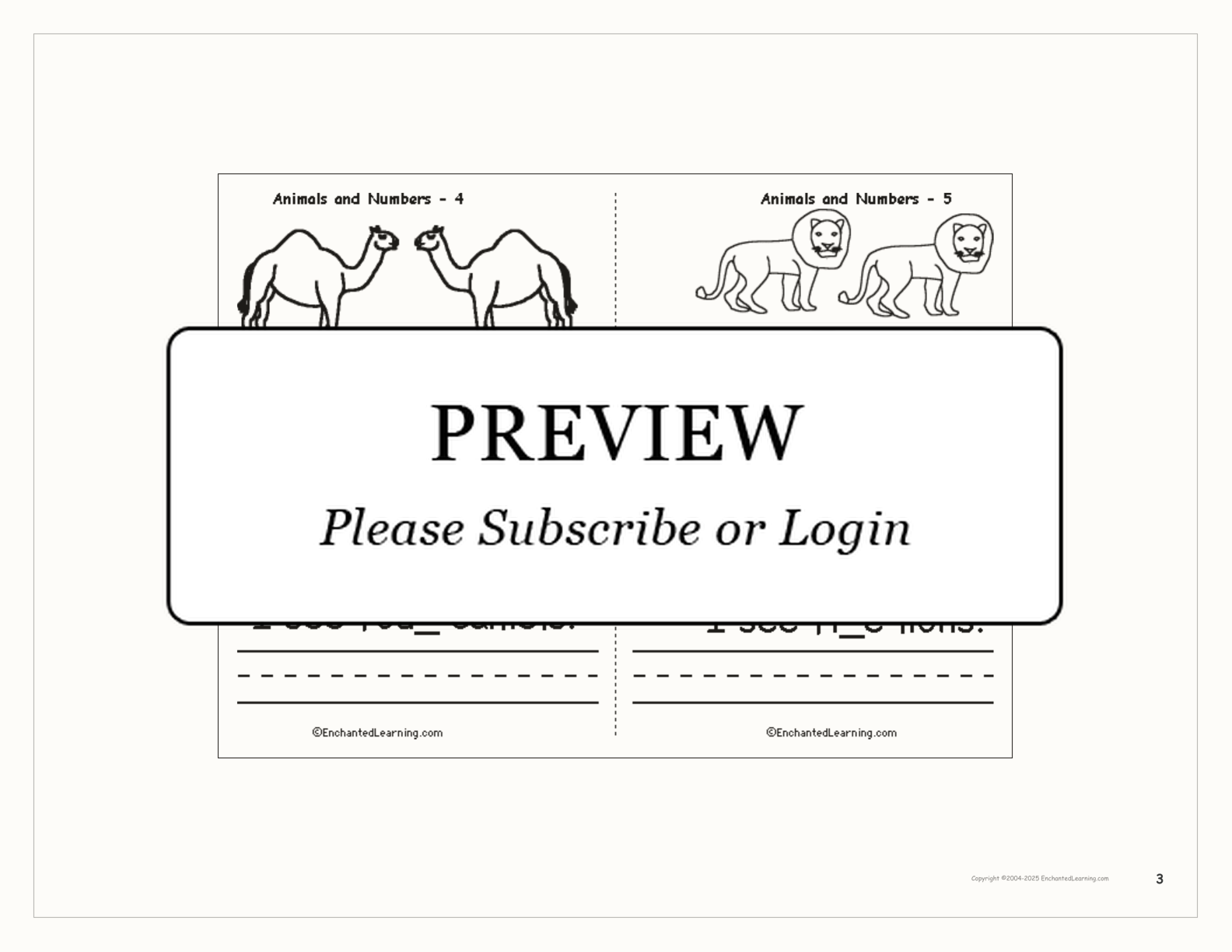 Animals and Numbers Book interactive printout page 3