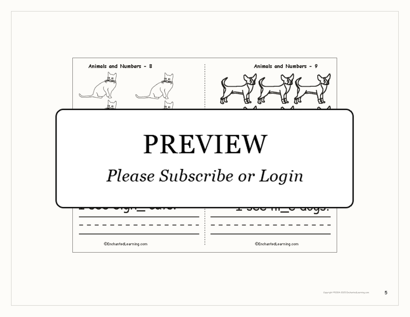 Animals and Numbers Book interactive printout page 5