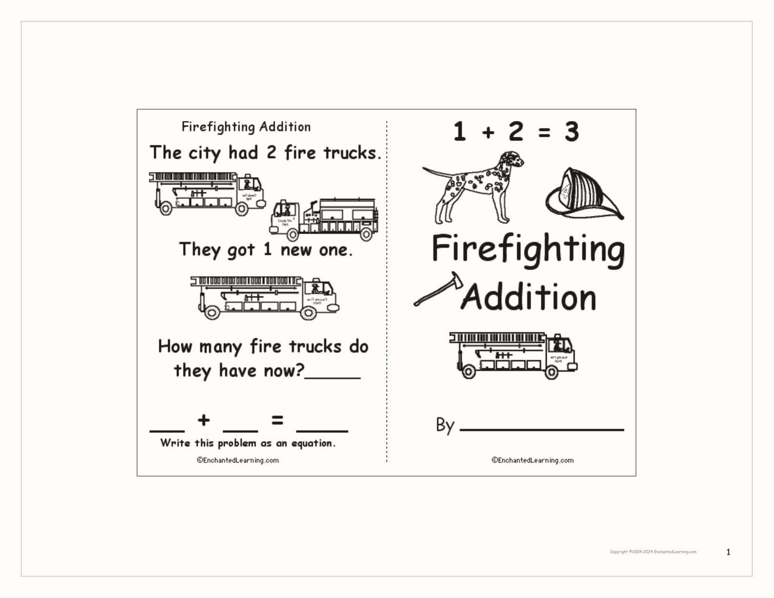 Firefighting Addition: A Printable Book interactive printout page 1