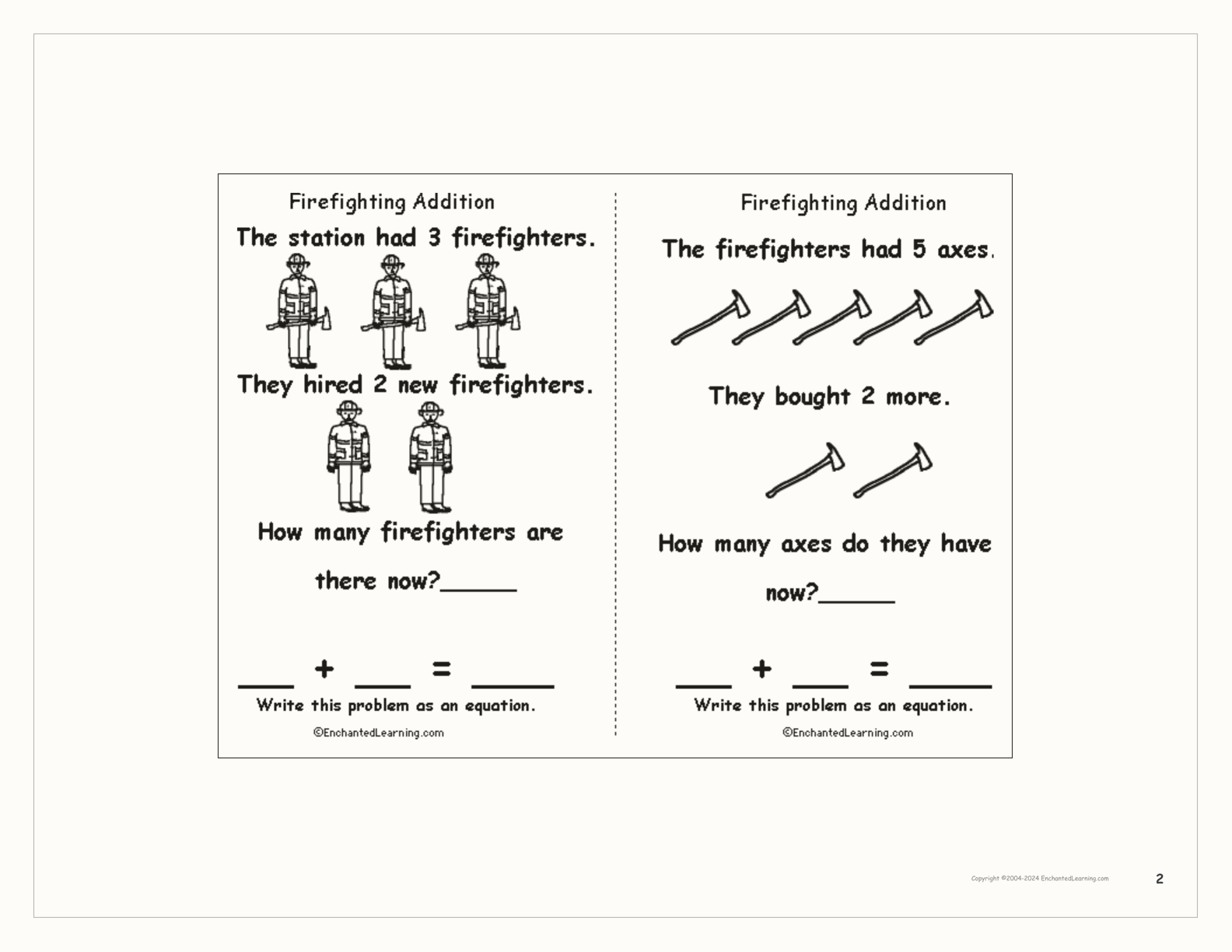 Firefighting Addition: A Printable Book interactive printout page 2