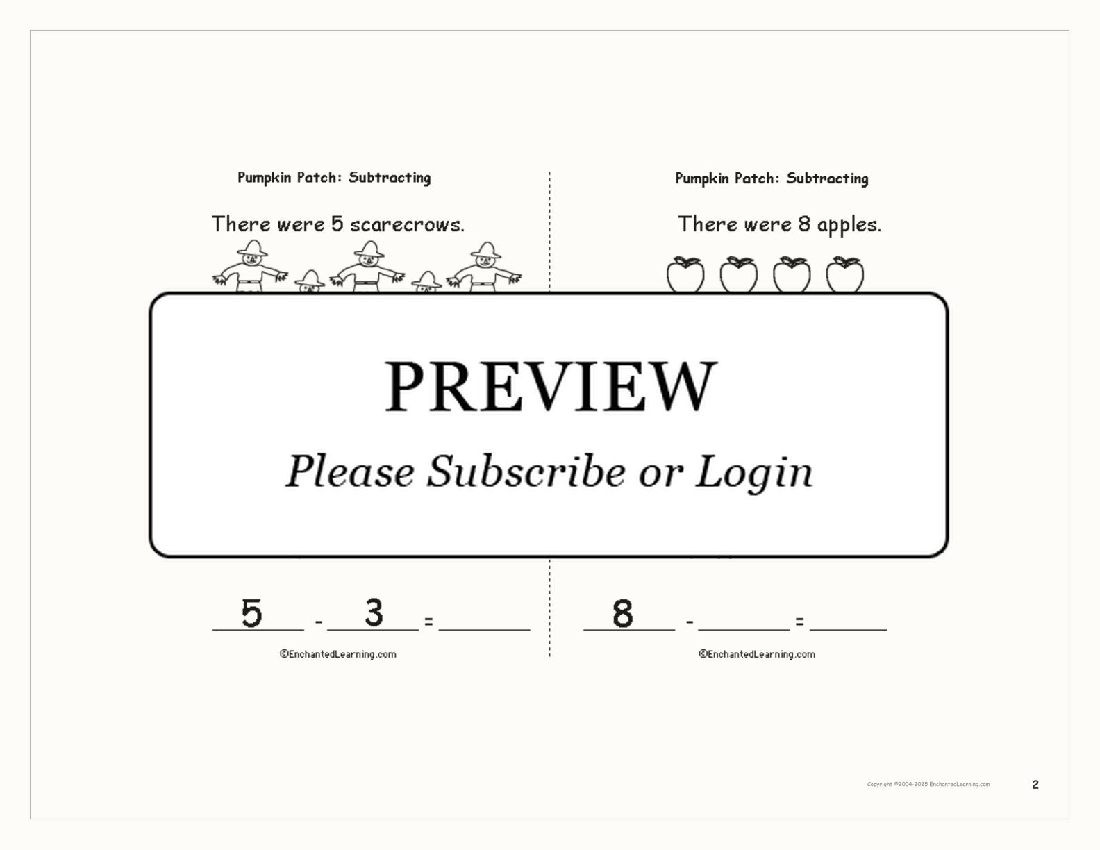 Pumpkin Patch: Subtracting interactive printout page 2