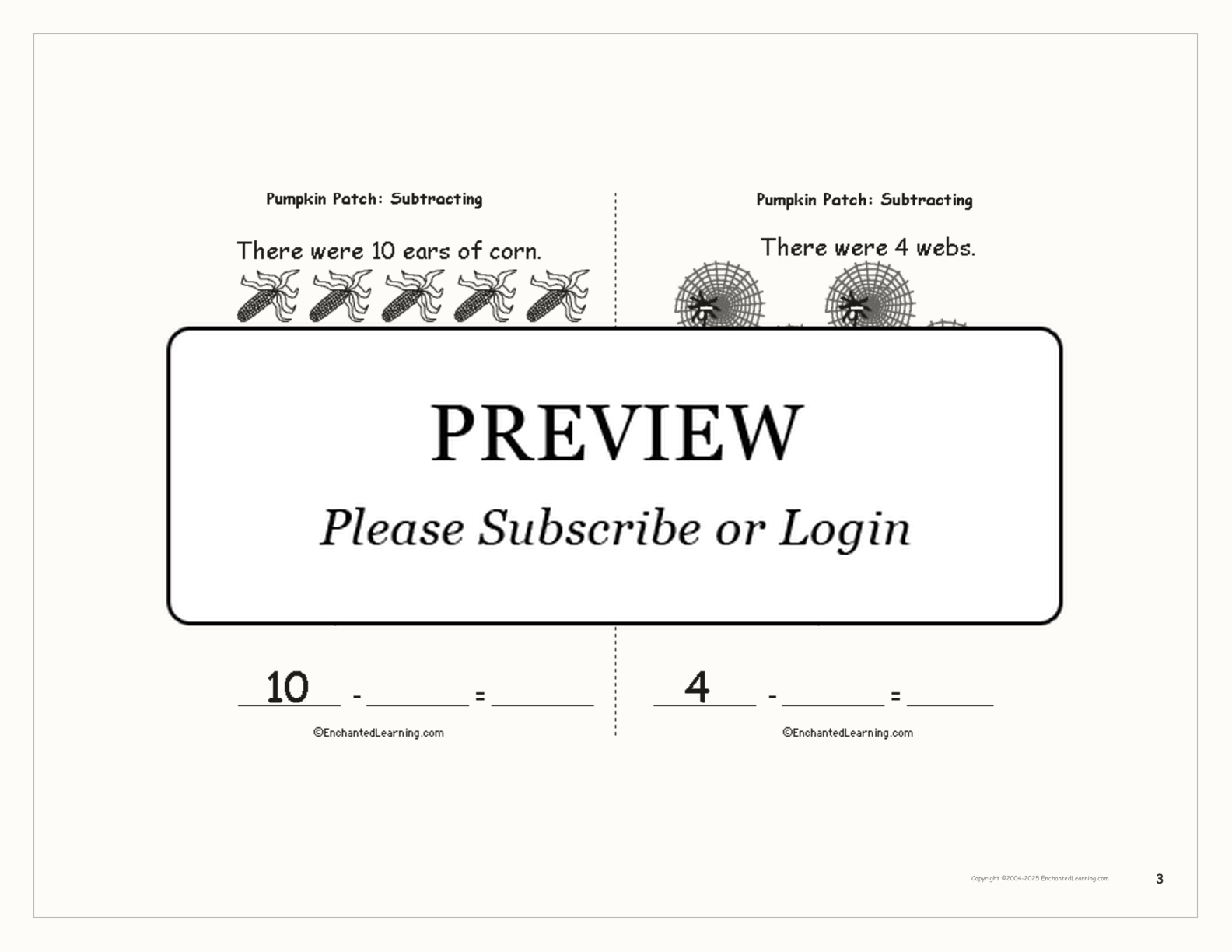 Pumpkin Patch: Subtracting interactive printout page 3