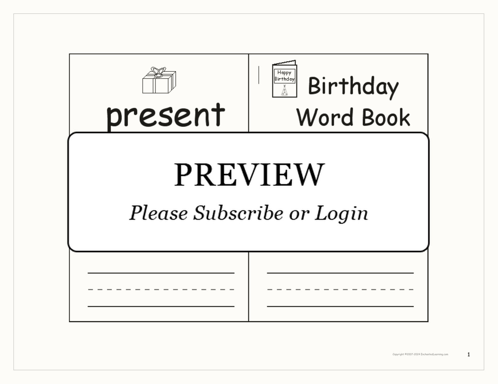 Birthday Words Book interactive printout page 1