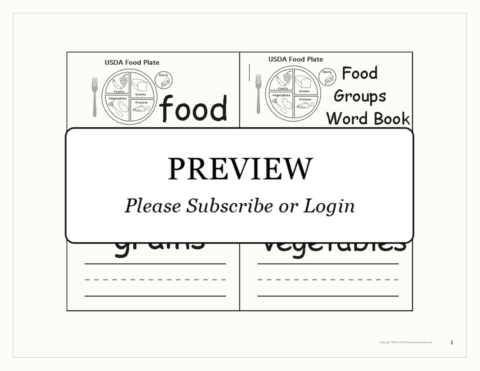 Food Groups Word Book interactive printout page 1