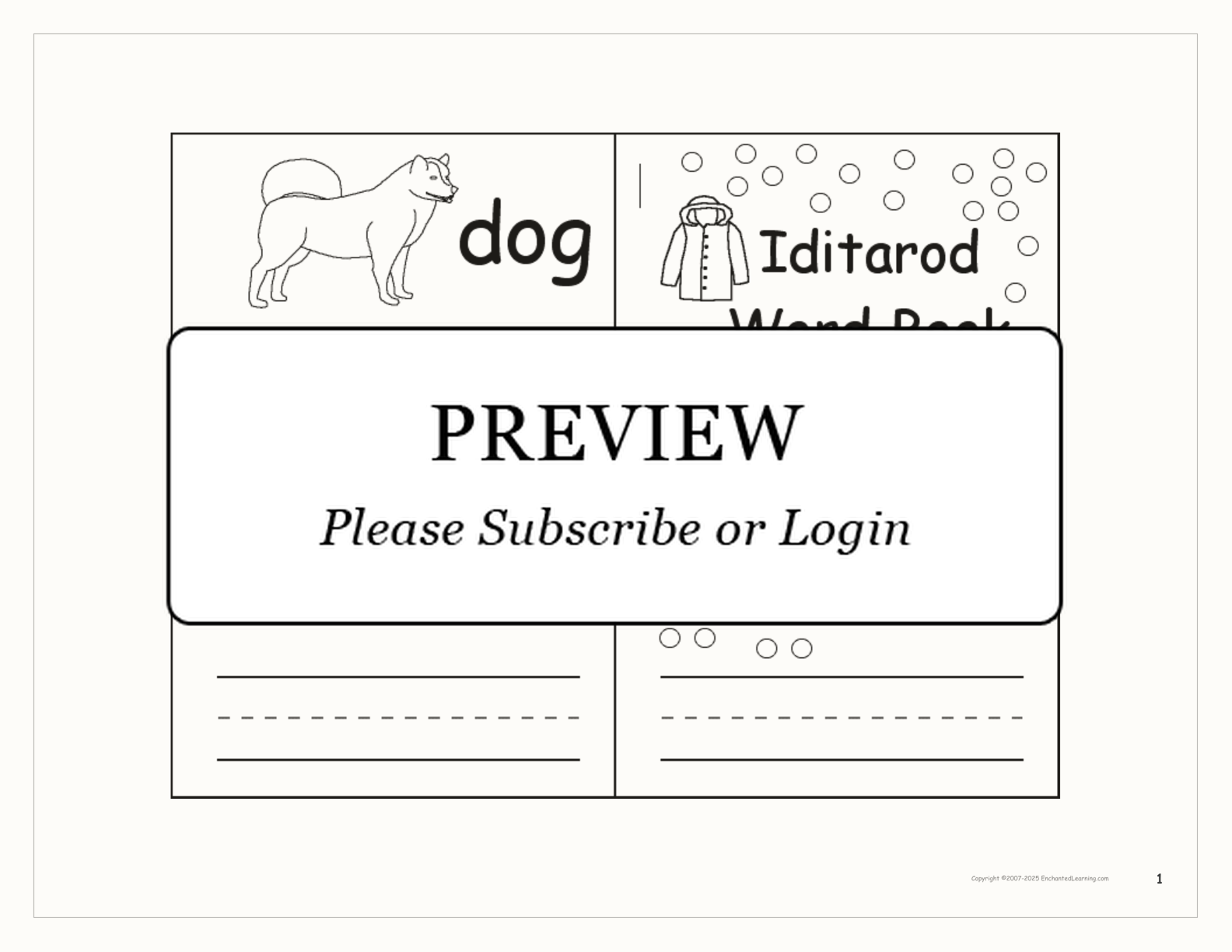 Iditarod Word Book interactive printout page 1