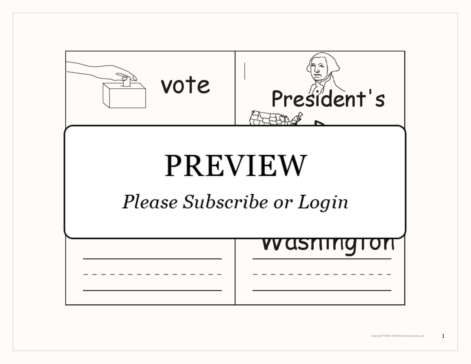 President's Day Word Book interactive printout page 1
