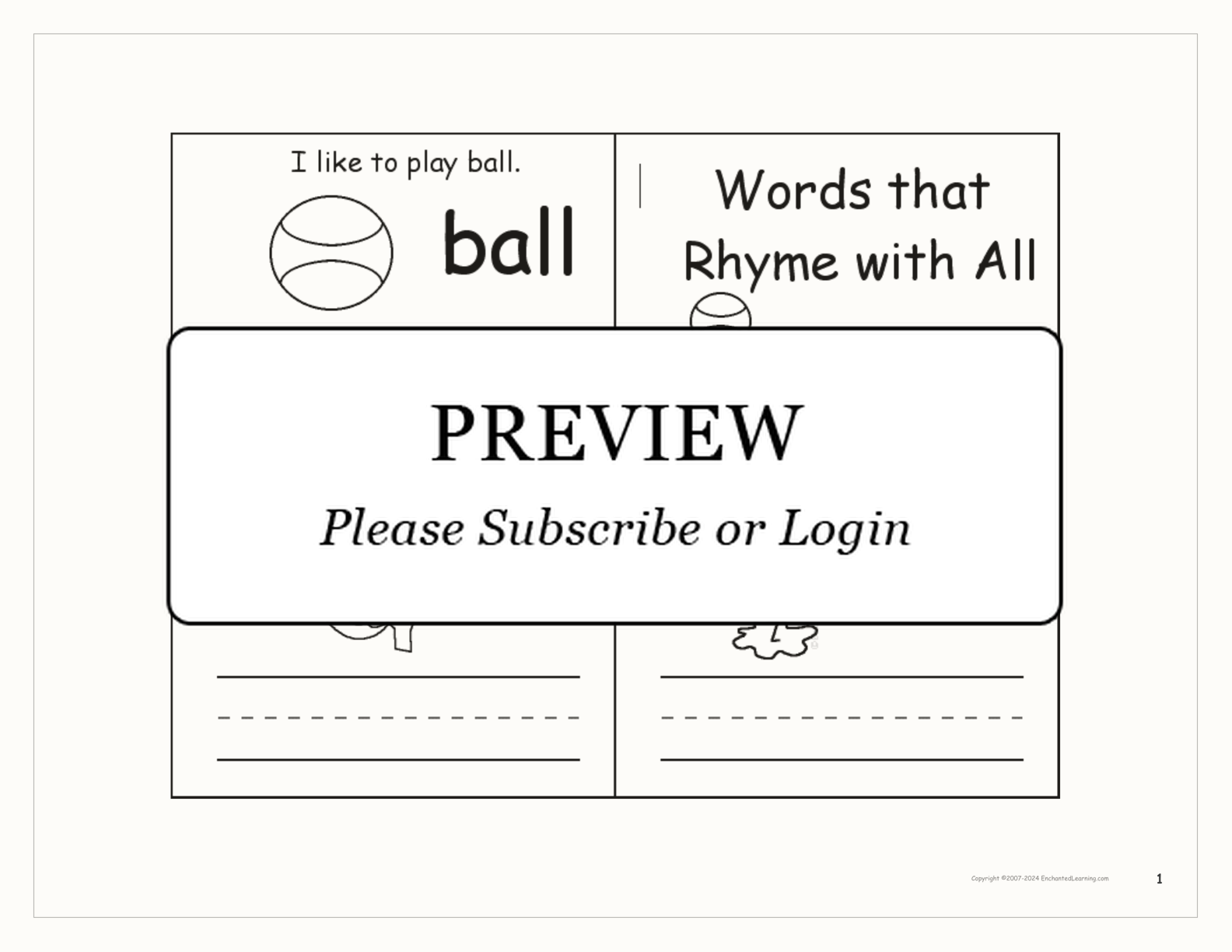 Words that Rhyme with All — Printable Book interactive printout page 1