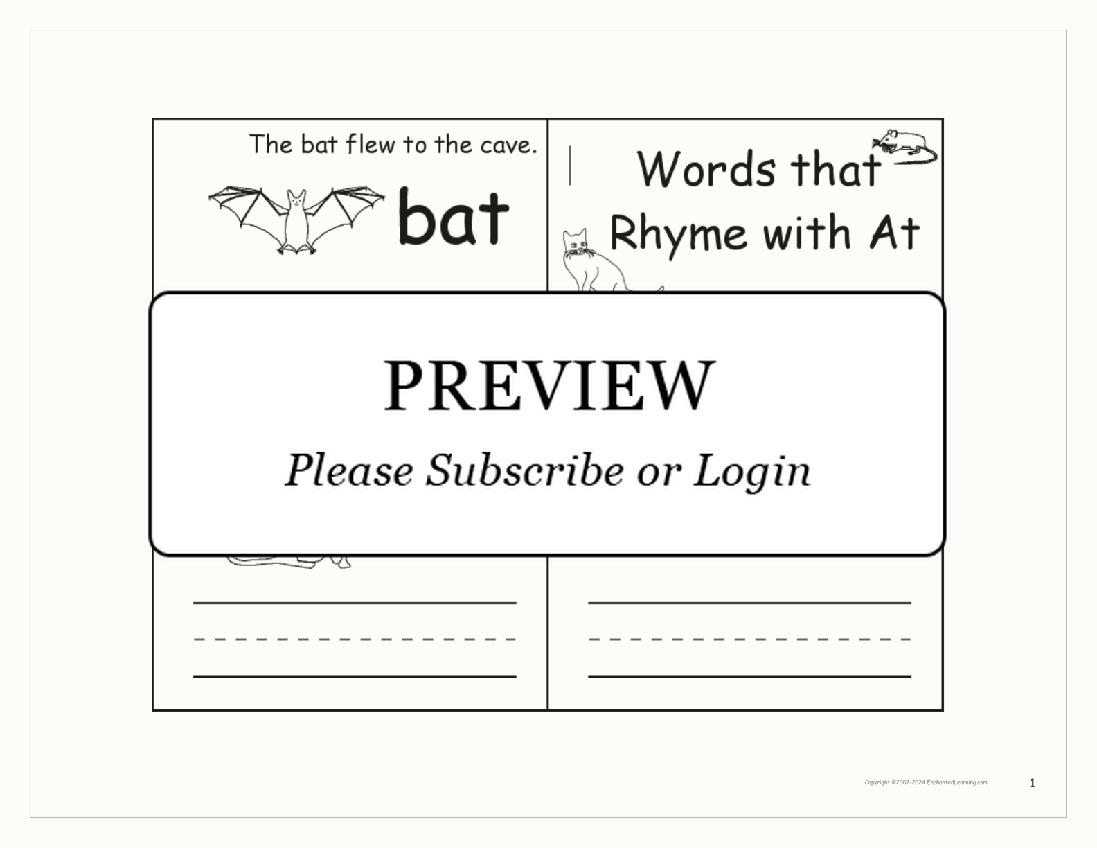 Words that Rhyme with At — Printable Book interactive printout page 1