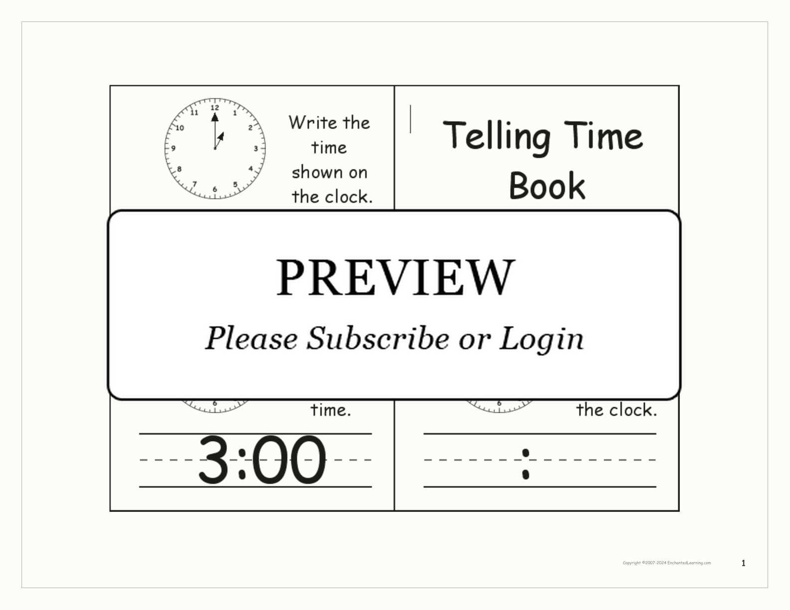 Telling Time Book interactive printout page 1