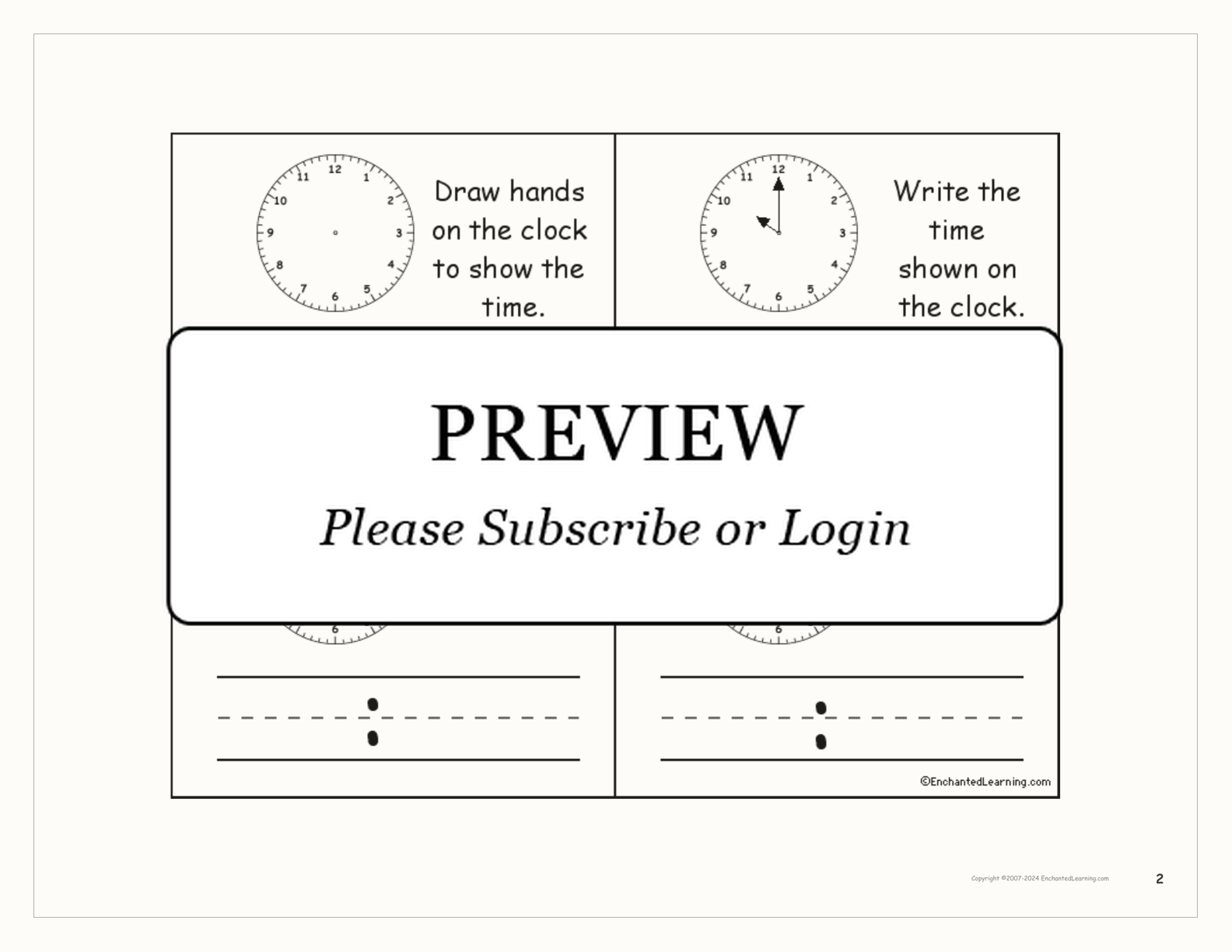 Telling Time Book interactive printout page 2