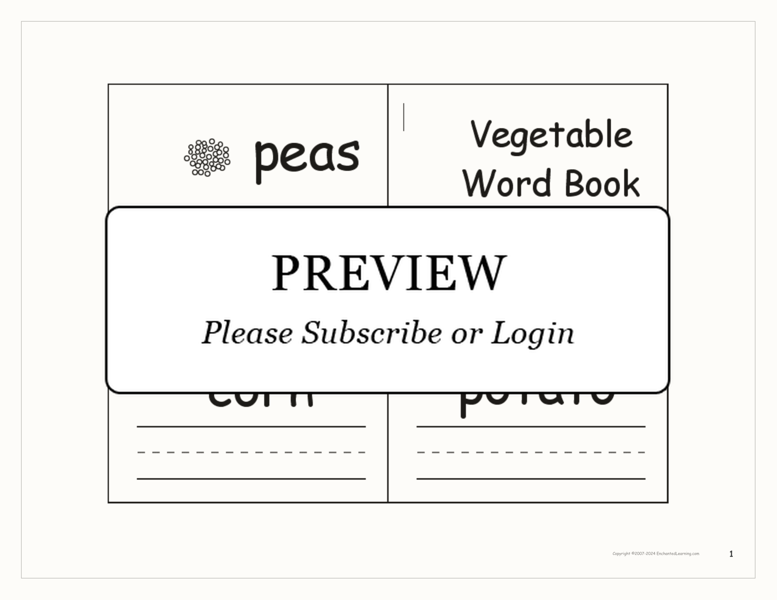 Vegetable Word Book interactive printout page 1