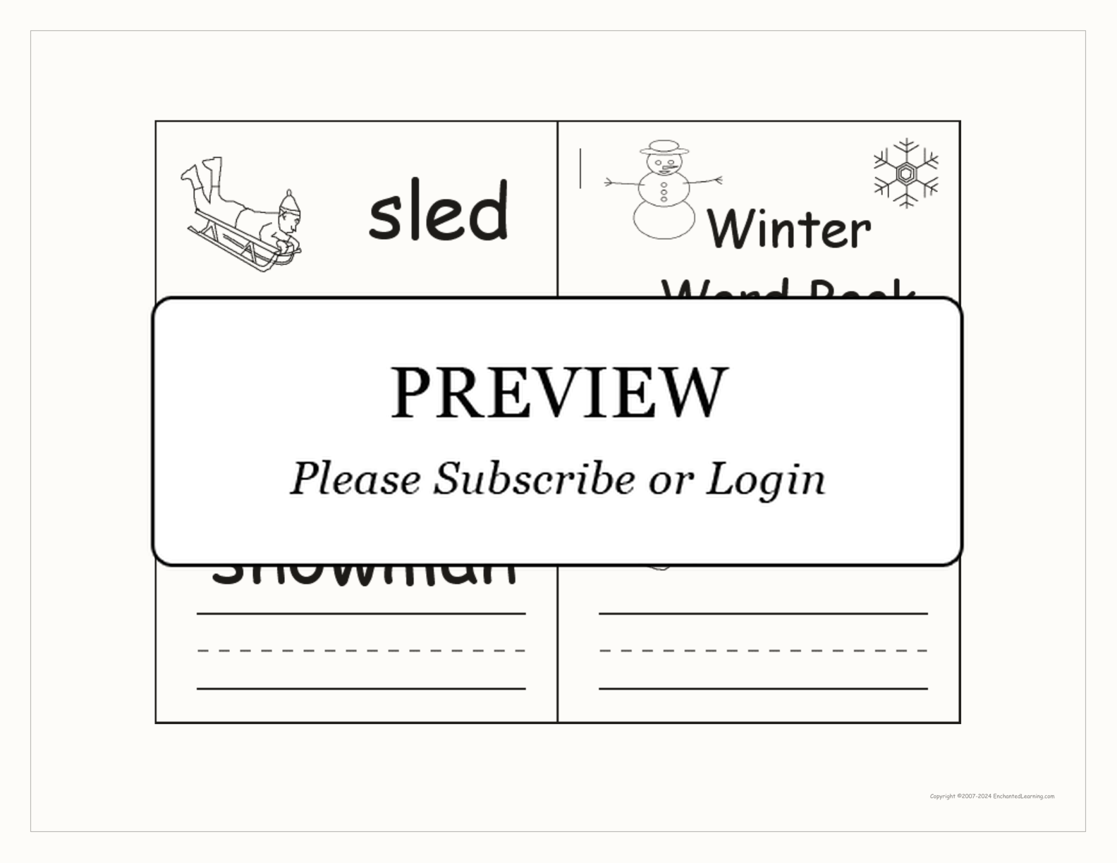 Winter Word Printable Book interactive printout page 1