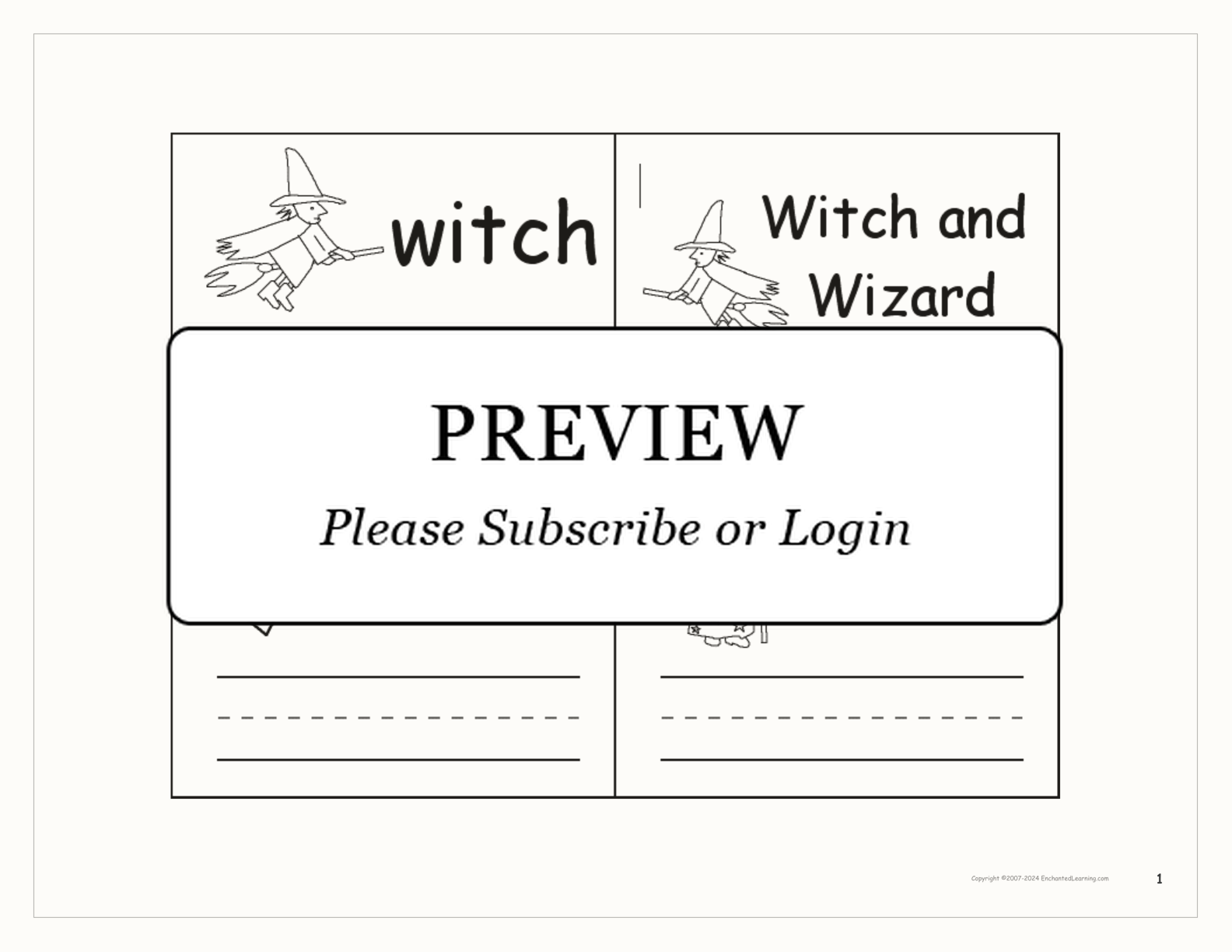 Witch and Wizard Word Book interactive printout page 1