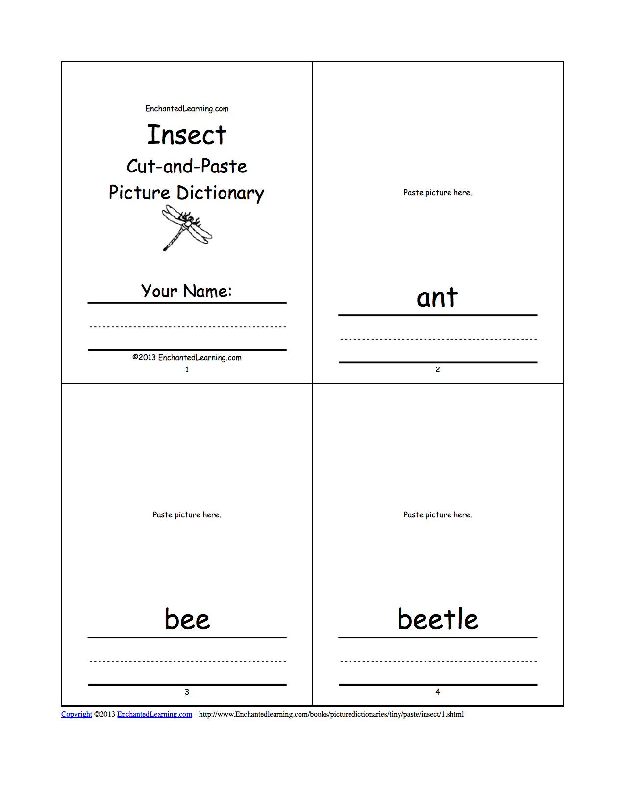 Insect Cut-and-Paste Picture Dictionary - A Short Book to Print