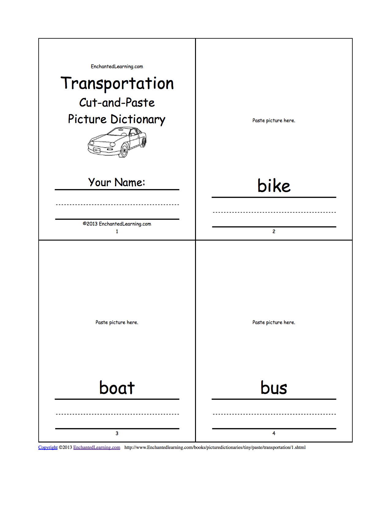 Transportation Cut-and-Paste Picture Dictionary - A Short Book to Print