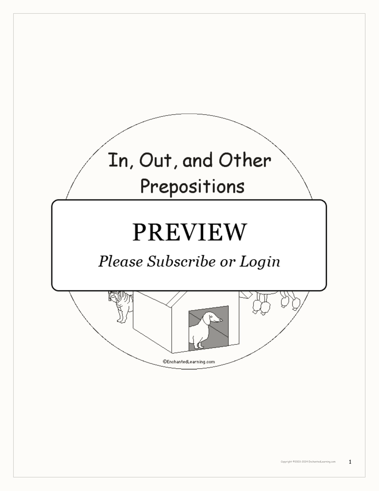Prepositions: The Dog and the Doghouse — Printable Book interactive printout page 1