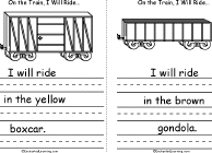 Search result: 'On The Train Book, A Printable Book: Yellow Boxcar, Brown Gondola'
