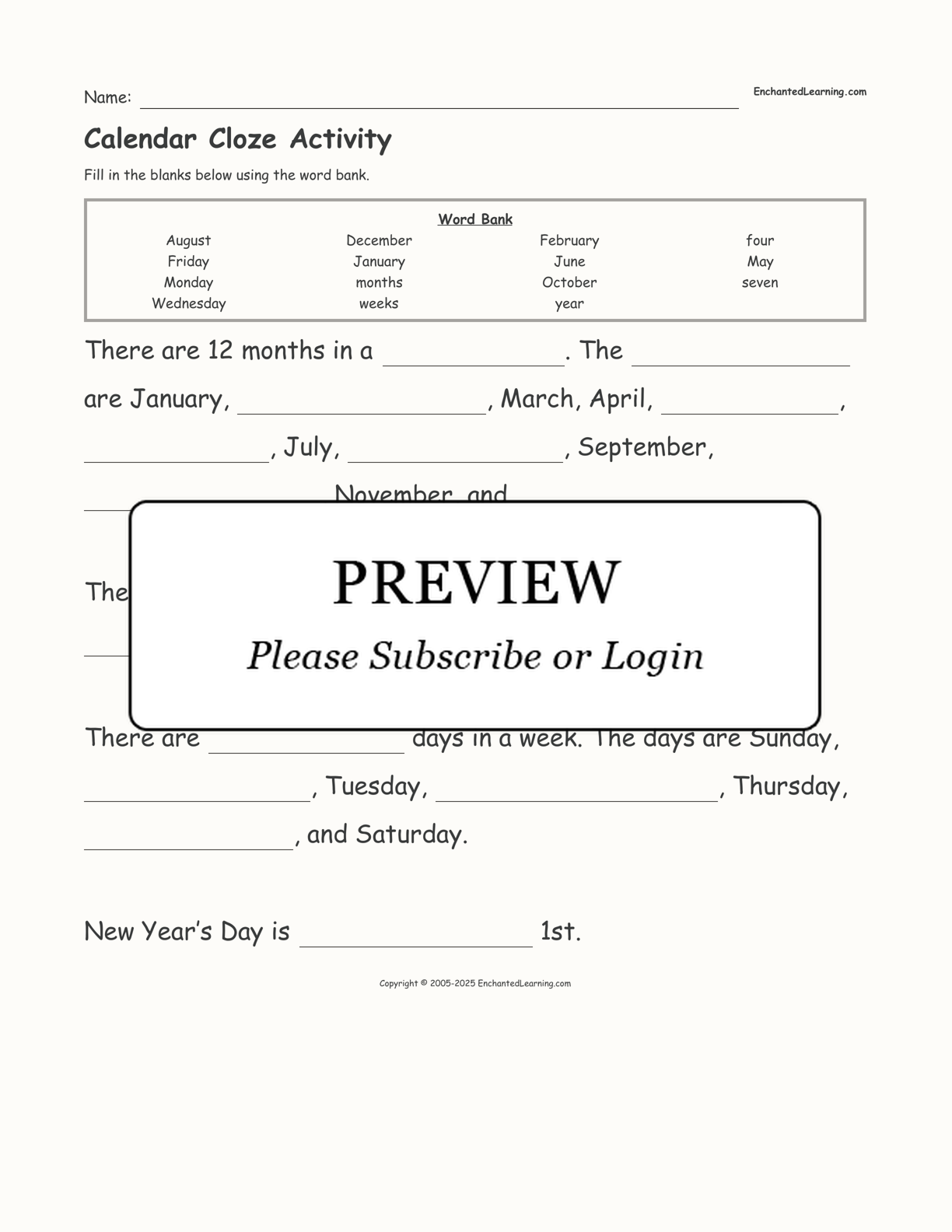 Calendar Cloze Activity interactive worksheet page 1