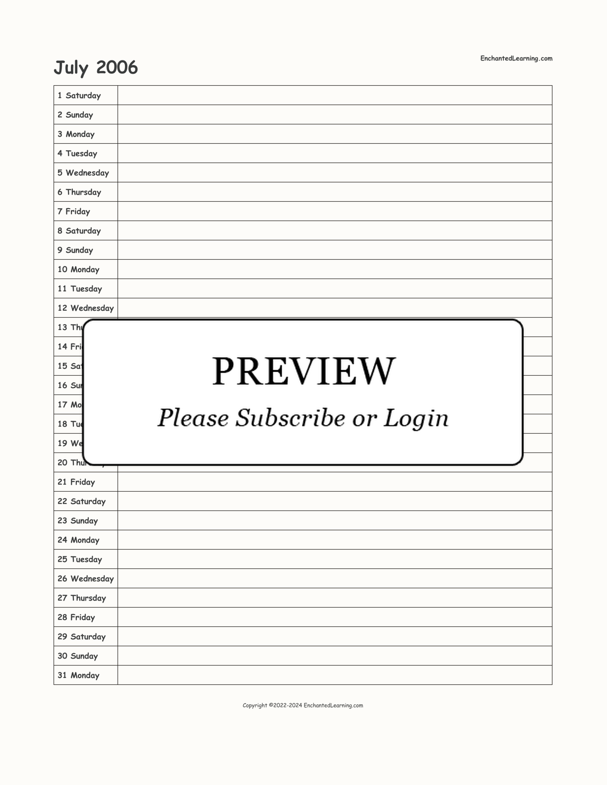 2006-2007 School-Year Scheduling Calendar interactive printout page 1