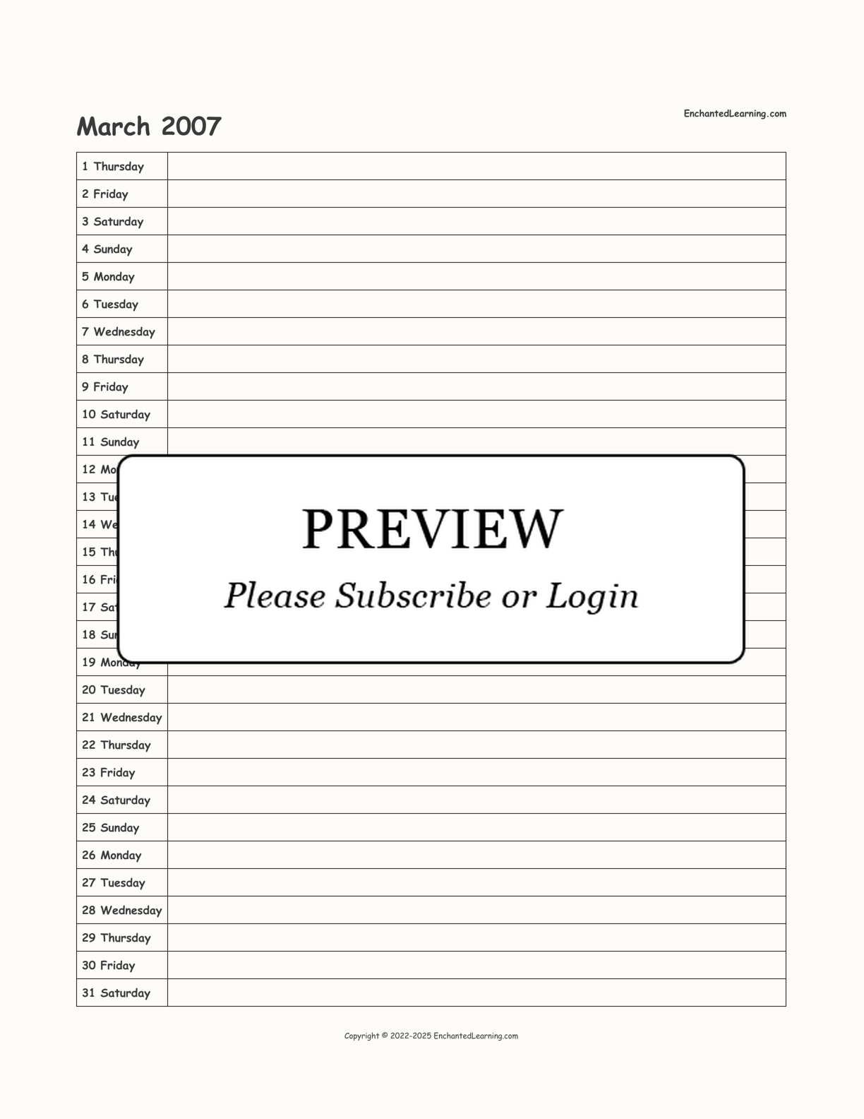 2007 Scheduling Calendar interactive printout page 3