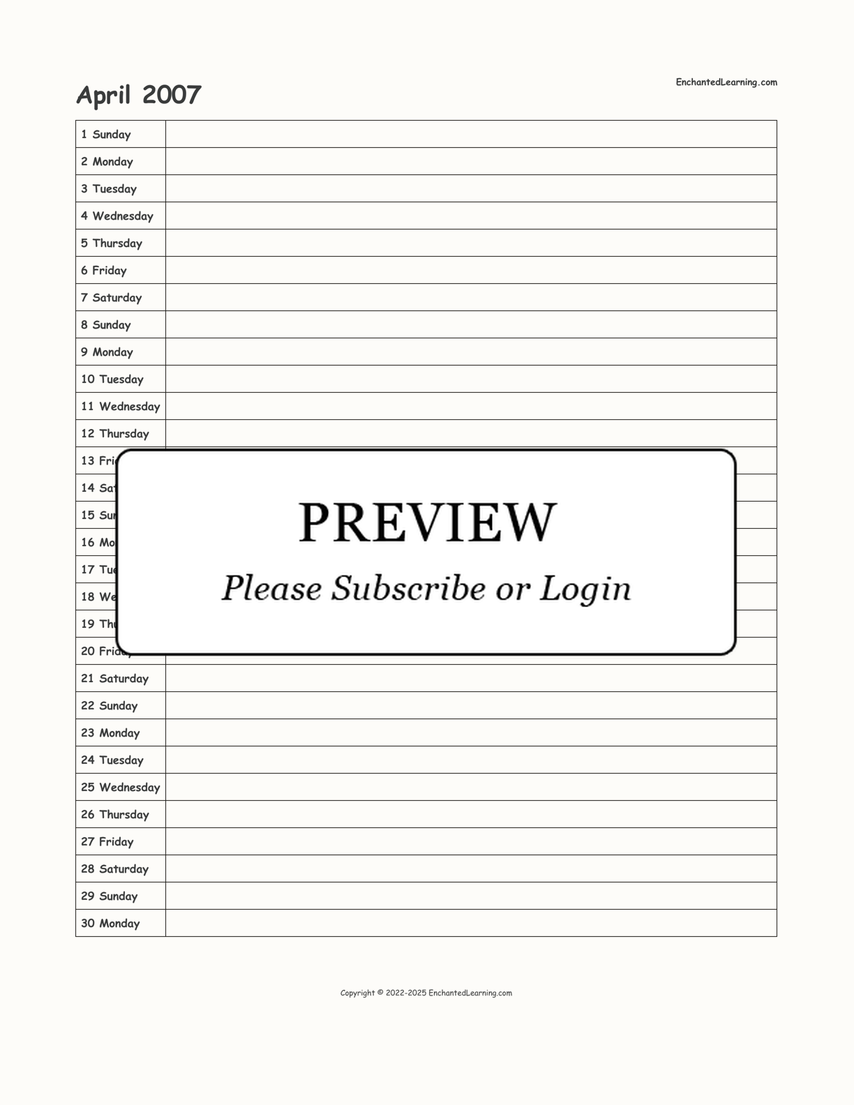 April 2007 Calendar interactive printout page 1