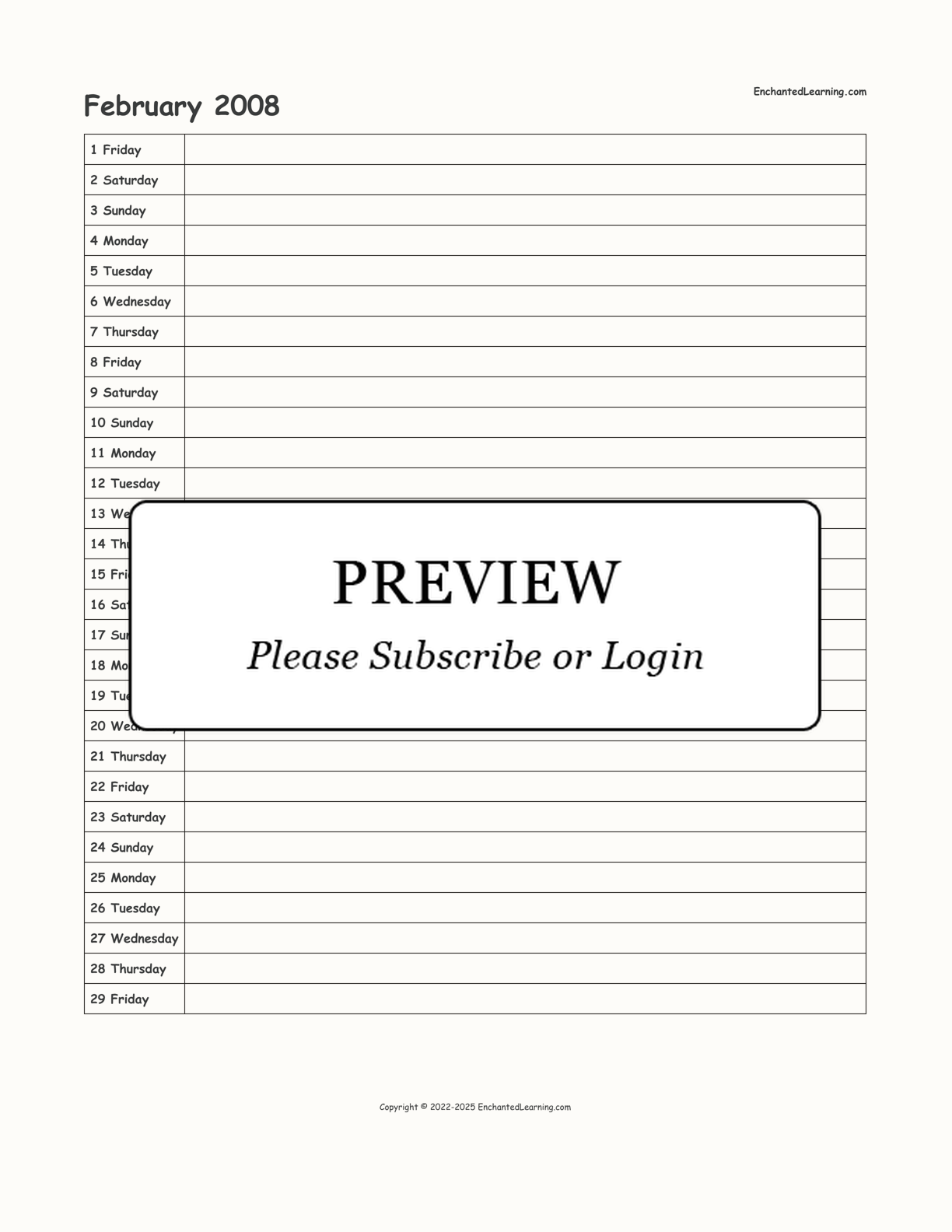 February 2008 Calendar interactive printout page 1